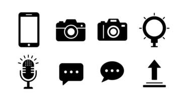 A set of icons that include a camera, microphone, and other items vector
