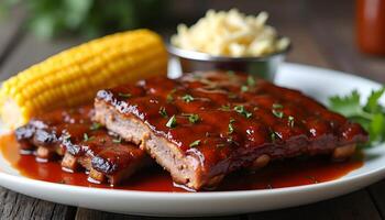 A plate with ribs and corn on it photo