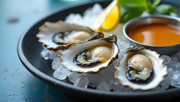 Oysters on ice with sauce photo