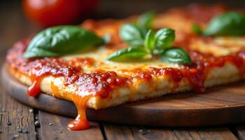 A pizza with tomato sauce and basil leaves photo