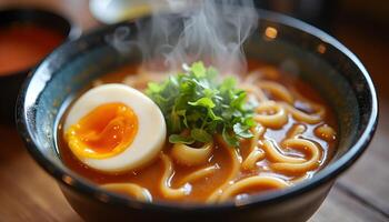 A bowl of ramen with an egg and a spoon photo