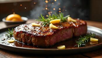 A steak is being cooked on a plate with herbs and spices photo