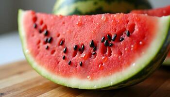 A slice of watermelon on a wooden cutting board photo