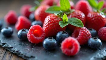 Fresh berries and strawberries on a black slate photo
