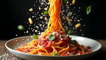 Spaghetti with tomato sauce and basil being sprinkled photo