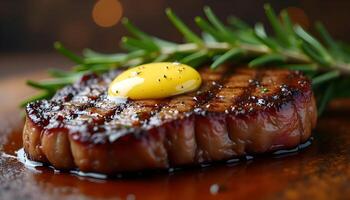 A steak with a yellow egg on top photo