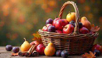 A basket full of apples and other fruits on a table photo
