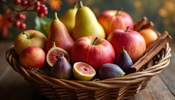 A basket filled with apples, pears, and other fruits photo
