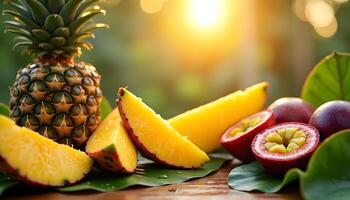 Tropical fruits and vegetables on a wooden table photo