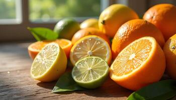 A bunch of oranges and limes sitting on a table photo