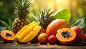 Tropical fruits on wooden table photo