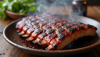 A large piece of meat on a plate with smoke coming out photo