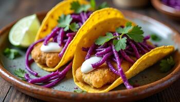 Two fish tacos with purple cabbage on a plate photo