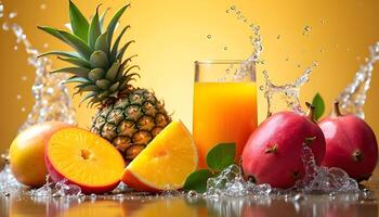A pineapple, orange, and a glass of juice photo