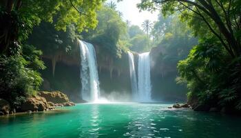 A waterfall in the middle of a tropical forest photo