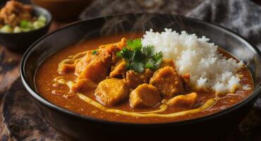 Chicken Curry with Rice, Cilantro in Bowl photo