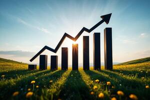 Black bar graph with upward arrow in sunny field bar chart growth photo