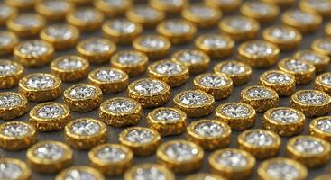 Gold settings with brilliant cut diamonds arranged in rows Close up view showing intricate details photo