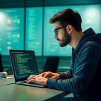 Focused Programmer Typing Code on Laptop in Cybersecurity Lab photo