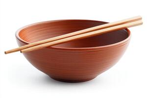 Elegant Brown Bowl with Wooden Chopsticks on White Background photo