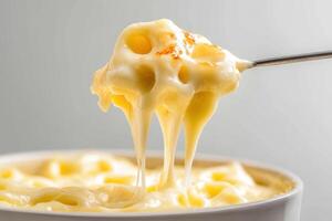 Delicious Cheese Fondue in Bubbling Pot Close-Up photo