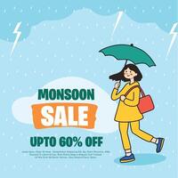 Monsoon Sale Up to 60 Off banner design Monsoon banner with cartoon woman illustration design with rain and clouds background vector
