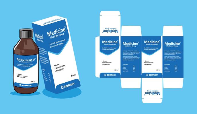 Syrup packaging Box Brand Syrup Medicine Packaging illustration Blue or white color theme with Blue background
