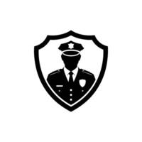 Police Officer Icon A striking silhouette of a police officer within a protective shield, embodying the essence of law enforcement and safety, rendered in minimalist design. vector
