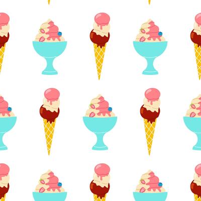 Colorful ice cream patterns featuring cones and bowls with vibrant scoops in bright colors, perfect for summer designs