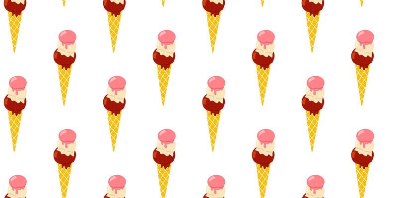 Colorful ice cream cones in a repeated pattern on a white background in a playful artistic design