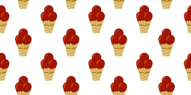 Colorful ice cream cones pattern with red toppings on a white background ideal for vibrant designs
