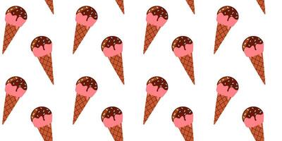 Colorful ice cream cones with chocolate and pink scoops on a white background create a cheerful and fun pattern for summer enjoyment vector