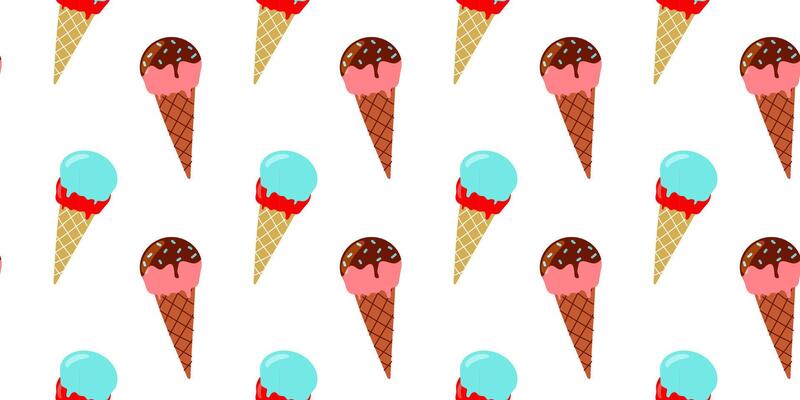 Colorful ice cream cones create a delightful pattern on a white background showcasing various flavors and textures