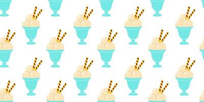Delicious ice cream in vibrant blue dishes decorated with striped wafers showcases a joyful dessert pattern suitable for summer vector