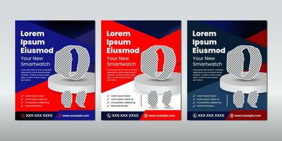 Bold and clean promotional templates for smartwatch ads. Ideal for product showcase, tech device marketing, or online shop posts. Available in three striking color options. vector