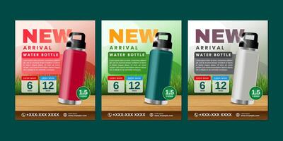 Modern and clean promotional template for new arrival water bottles. Includes product details, icons, and strong CTA. Perfect for product launch visuals and advertising. vector