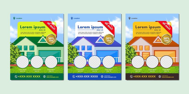 Editable real estate social media post design featuring modern residential homes with pricing, features, and discount elements. Ideal for property agents and realtors.