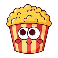 Cute smiling popcorn cartoon icon with red and yellow stripes isolated on white background vector