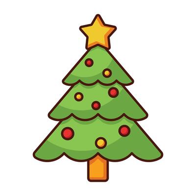 Cartoon Christmas tree icon with star and ornaments isolated on white background