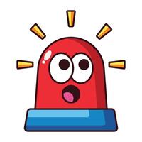 Cartoon red siren alarm with shocked face and flashing lights isolated on white background. vector