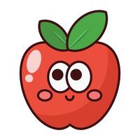 Cute smiling red apple cartoon character with green leaves isolated on white background vector