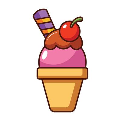 Cartoon pink ice cream cone with chocolate syrup and cherry isolated on white background