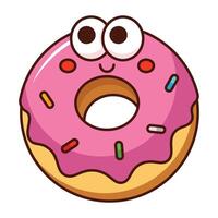 Pink glazed donut with cute face and sprinkles cartoon isolated on white background vector