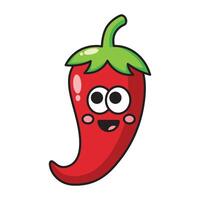 Smiling red chili cartoon icon with green stem and cute face isolated on white background vector