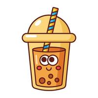 Cute bubble tea cup with smiling face cartoon style isolated on white background vector
