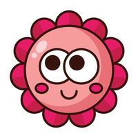 Cute pink flower cartoon face icon with smile and big eyes isolated on white background vector