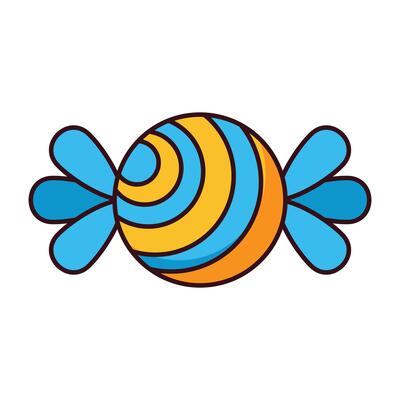 Striped swirl candy in yellow and blue wrapper cartoon style isolated on white background.