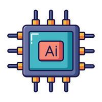 Cartoon AI chip processor icon with dark pins and red core isolated on white background vector