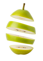 Artistic composition of a sliced pear against a stark backdrop in a format png