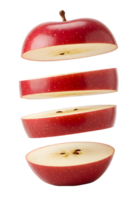 Deconstructed red apple in mid-air, showcasing vibrant layers on transparent stage is fresh png